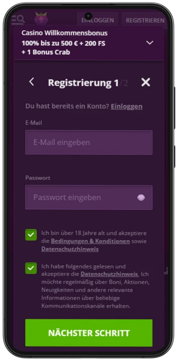 Malina Casino Registrierungsschritt 1