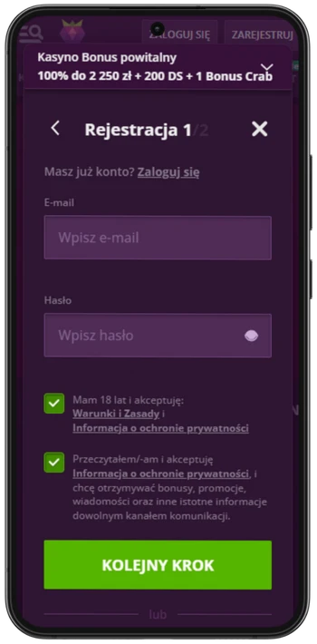 Malina Casino Zarejestruj krok 1