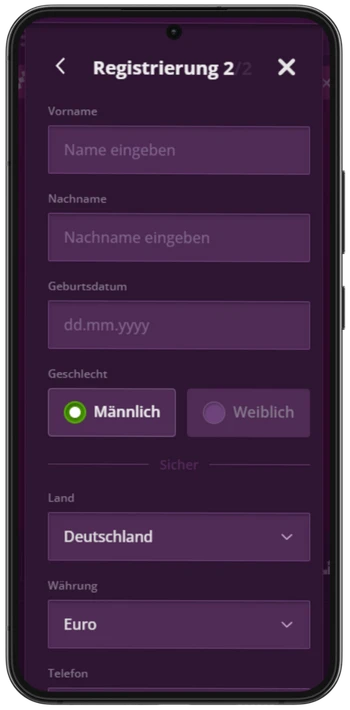 Malina Casino Registrierungsschritt 2