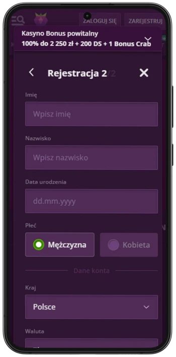 Malina Casino Zarejestruj krok 2