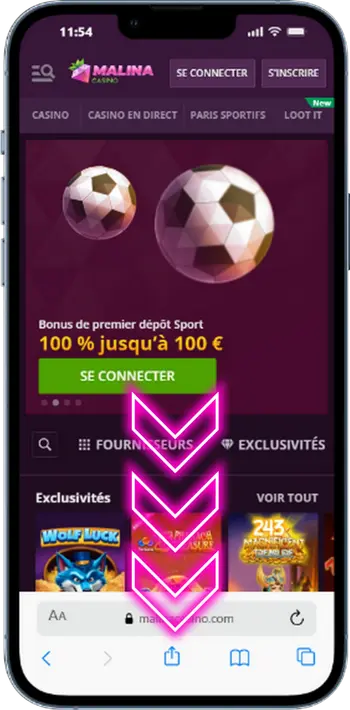 Bouton de partage Safari de l'application Malina Casino