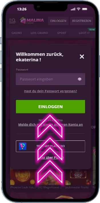 Anmeldeformular für Malina Casino