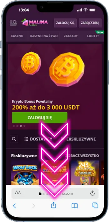Przycisk udostępniania Safari w aplikacji Malina Casino