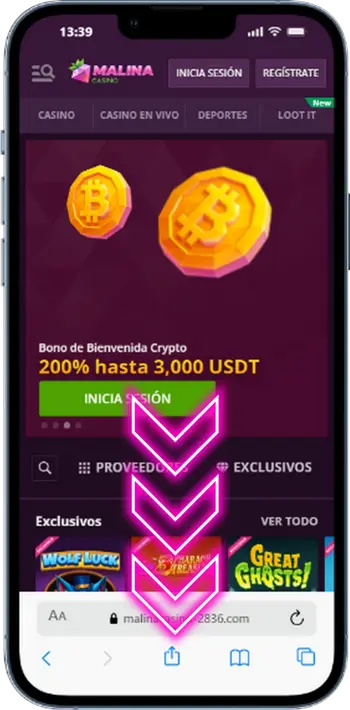 Malina Casino App botón compartir Safari