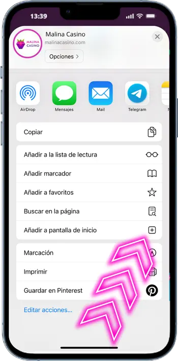 Malina Casino App añadir pantalla inicio