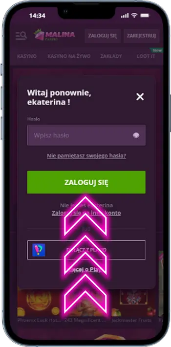 Formularz logowania do kasyna Malina
