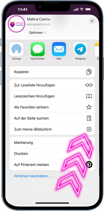 Malina Casino App: Startbildschirm hinzufügen